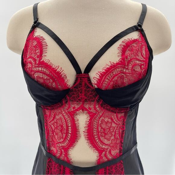 Adore Me Red Black Lace Valentine Sexy Cut Out Babydoll Slip Dress Size Medium - Picture 2 of 11